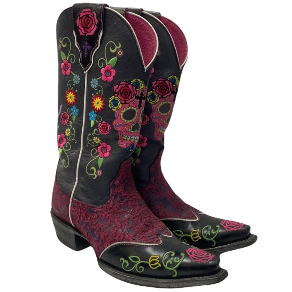 ARIAT Live Out Loud Pink Sugar Skull Gypsy Rose embroidered Cowboy Boots 7 7.5
